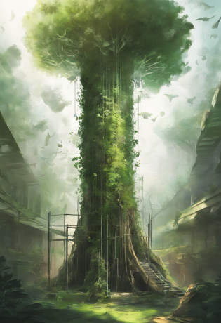 In a dark enclosed room without light?In the middle is placed a large green tree?Outside the big tree?Place a circle along the circle that is about half the height of a large tree?But ten stainless steel columns of different heights?Above the column is a transparent square box made of transparent acrylic?It stores seeds of different types of medicinal herbs?A lot of trunks hang down from the tree