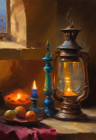 The mysterious oil lamps: Paint a scene that includes traditional oil lamps illuminating an Iraqi house.