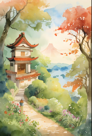 painting of a house in a garden with a pathway leading to it, japan watercolour, watercolor illustration, digital painting of a pagoda, a beautiful artwork illustration, chinese watercolor style, watercolor detailed art, watercolor colored painting, japanese watercolor, japanese style painting, a watercolor painting, watercolor illustration style, traditional chinese watercolor, anime countryside landscape, watercolor landscape, watercolor ink illustration