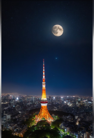 ((Tokyo Tower))Giant crescent moon?high-level image quality?raw?Standing at Tokyo Skytree?20-year-old woman?nighttime scene?Milky Way Galaxy?Andromeda Nebula?tokyo streets?Flowing Lines of Light?Meteor swarm?((Approaching the Moon))