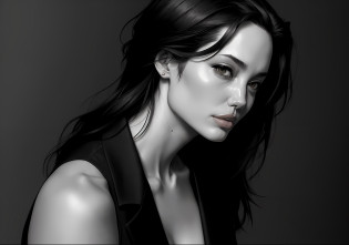 Angelina Jolie is pictured wearing a grey and black blazer. It's a full-length portrait depicting a concept art character, a successful woman fluttering and green eyes. Her hair is black and short. The image conveys a dark brutalist fantasy, depicting a noble dictator. The illustration is popular with fans on Pixiv and follows the rule of thirds and golden ratio. It is an artistic collaboration of Greg Rutkowski, Wlop, Makoto Shinkai, Takashi Takeuchi, Studio Ghibli and Jamie Wyeth. The image is in black and white, highlighting the natural texture of the skin, hyper-realism, soft light and sharpness.