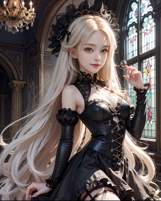 masutepiece?hight resolution?Gothic Lolita costumes??girl with?9th class?Look at the viewer?smil?Okappa?gothic lorita?The background is a beautiful chandelier inside the castle?Glitter background?Beautiful stained glass museum?the skin is white and transparent?legs are thin and beautiful,