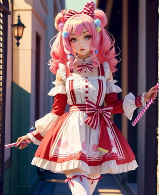 Candy themed anime girl, Single Girl, Super Cute, Cute expression, Petite , (Extreme Detailed Face, Perfect Detailed Eyes:1. 2), (High Detail Skin:1. 2), cotton candy, candy cane, Bubble gum, Vibrant Colors, ?????, Fantasy , extreme detail, Ornate, <lora:BisqueDolls:0. 8> <lora:add_detail:1>, 8k, UHD, HDR, (Masterpiece:1. 5), (best quality:1. 5),