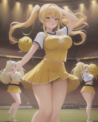 5girl, humongous, happy cute long blonde haired cheerleaders, yellow outfit/skirt, team logo in the middle of the shirt, cheerleaders do dance, indoors. The painting is anime, professionally color graded, 8k HDR, vivid, bright, anime faces, hyper resolution, depth of field, and created by Artgerm, Greg Rutowski, and Alphonse Mucha with volumetric lighting. The painting has very bright colors and uses anime faces.