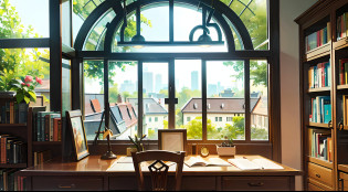 anime: ambiente cuidadosamente organizado para o estudo. The table is positioned next to the window, allowing natural light to gently illuminate the space. Books and notebooks are meticulously lined up, evidencing their dedication to learning. Uma estante repleta de conhecimento se ergue ao fundo, offering a wide variety of references for your studies. The setting is serene and undistracted, com as paredes decoradas com mapas e cartazes inspiradores. The environment is one of discipline and focus. The scene conveys a sense of determination and dedication to knowledge, inviting the viewer to be inspired by this environment conducive to intellectual growth.