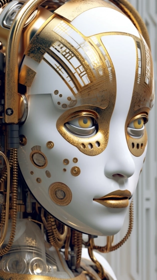 a robot head in a white and gold setting, in the style of photorealistic details, futuristic victorian, algorithmic artistry, fantastical contraptions, close-up, neo-renaissance, feminine subjects --ar 51:91 --s 750 --style raw --v 5. 1