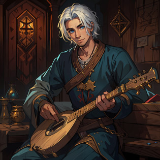 A handsome man with short medium-sized hair White hair and blue eyes This man is a bard holding a lute, ele tem um sorriso galante e alto carisma, um homem bonito, um artista trovador medieval, um artista da era medieval, um bardo elegante para um RPG, uma arte medieval, He's in a dark wooden room with little light, iluminada por tochas, luz baixa, Exotic warm colors in a mysterious and sexy theme, uma arte de bardo medieval, RPG, Arte de RPG, Arte medieval, arte de RPG medieval, uma arte expressiva, arte conceitual