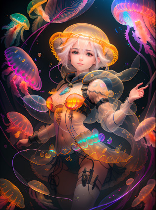 1girl, (platinum hair:1.3), (catgirl:1.1), cat ears, real tail, add_detail, masterpiece, micro bikini under translucent armor, ready to fight, armed, blue sword, in a deep dungeon, smiling, translucent armor, fighting pose, sword drawn, gravure, aroused, excited, looking at camera, fine fabric detail, (masterpiece:1.2), (best quality:1.2), (extremely detailed:1.2), (extremely detailed face), (ultra detailed), 8k,Niji Pride,  large translucent round jellyfish bra, large breasts, translucent leg armor, translucent round jellyfish panties, translucent round jellyfish head cover, thick thighs, bbw, translucent round jellyfish on each breast, translucent round jellyfish on crotch, translucent round jellyfish on each shoulder, translucent round jellyfish covering head,octane render, hdr, (hyperdetailed:1.15), (soft light, sharp:1.2), beautiful, realistic,1 woman mature, feminine, tall, short hair, beautiful, eyes with fine details, look at the viewer, beautifully curved, guweiz,