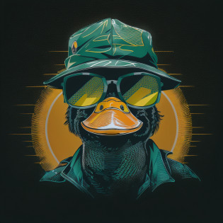 There is a duck wearing sunglasses and a hat with a sun in the background, retrato conceito do pato da fantasia, illustration of a duck, robot duck concept portrait, O Pato Macho, inspired by Jacob Duck, wearing sunglasses and a cap, pato blindado, pato, in illustration style digital, Highly detailed illustration.