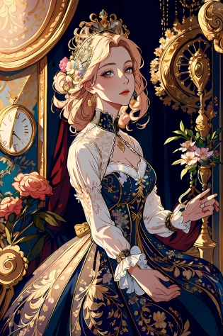 (royal, woman, highly detailed clothes adorned with laces and floral elements, luxurious laces), revealing clothes, absurdist style, portraying an elegant and strict queen in a beautiful and colorful environment full of celebration, flowers, medieval architecture and a summer street. Capturing the essence of a high quality masterpiece.