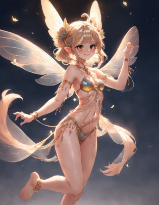 long-range photos?Full body like?Looking back?A fairy about 15 cm tall?transparent feathers on the back?Floating in the air?Fairy in the sky?hyper detail illustration, Dynamic Angle, Smiling dancer, Belly dance, Transparent Shawl, delicate hair ornaments, Elegant earrings, extra detailed face,Little monkey ears,monkey tail, Detailed transparent eyes with reflections, Crepuscular rays, Rembrandt lighting, Dust Light, blond, both sides, from the rear, both sides, Red suit, both sides, Perfect fingers, both sides, jump, both sides, masutepiece, best qualtiy, Anatomically correct, high details?No deformed mutated disfigured, No missing arms, No extra arms, No mutated hands, No extra legs, No bad hands, No poorly drawn hands, No malformed hands, No missing limb, No floating limbs, No disconnected limbs, No extra fingers, No bad fingers, No liquid fingers, No poorly drawn fingers, No missing fingers, No extra digit, No fewer digits
