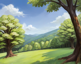 A Beautiful Summer landscape in Park with trees beautiful clouds sun light, Ilustration By Ken sugimori