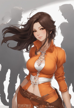 (FINAL FANTASY), final fantasy ix (garnet til alexandros xvii),game cg, black hair ,medium breasts, Wind, brown eyes,    (orange_bodysuit),  (orange leggings),   skin tight,     {lace-up_top},cleavage,White puffy long sleeves,White  puffy sleeves,white_shirt,
