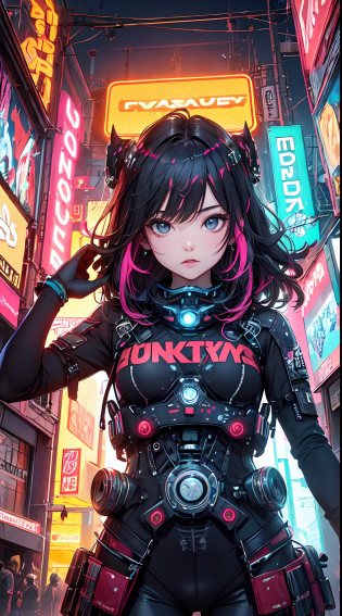 (?masterpiece?top-quality?top-quality?Official art?ighly detailed?Beautifully Aesthetic:1.2)?(1girl in)?(Fractal Art:1.3)?Random hairstyle?Random hair color colorful?FULL BODYSHOT?(Cyberpunk?The shirt)?animesque?head-mounted displays?neon light detail?Intuitive?City of the Future?sharp?Precise focus?randome pose?cyberpunkcity?street neon lights?insta photo?photo of the year?cinema4d?Dramatic?