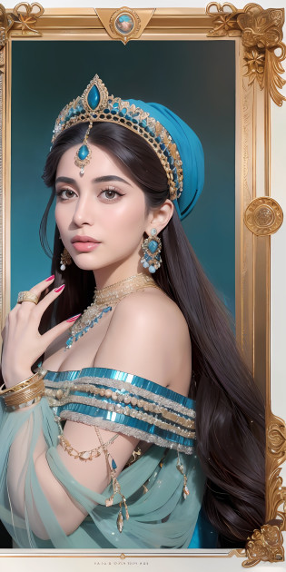 face portrait 1 Persian queen, a beautiful young Jewish woman with a graceful figure, long and well-groomed hair, fair skin and wearing luxurious clothes and jewelry that reflected the fashion and opulence of the Persian court of the time., cyan royal clothing ,off the shoulder, heavy makeups , jewelries, 
 Photorrealistic, negative space, side view