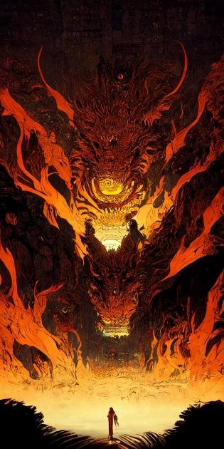 ancient Labyrinth, incredible Epic Red Dragon opened its mouth and spat golden flames at us::2 Demon Eyes in Flames, anime, Digital 2D, animated by Kyoto Animation, KyoAni, Studio Ghibli, Miyazaki, Nausicaa, animated by Madhouse INC, ????WHITE FOX, by Studio Trigger, by Laurie Greasley::2 designed by Tsutomu Niehi, Yuta Nakamura, Yoji Shinkawa, landscape, beautiful, gorgeous, dramatic lighting, rule of thirds, perfect composition, trending on ArtStation, 8k --no lines --no person --no blur --no blurry --no dof --w 1024 --h 2048