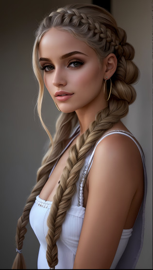 mulher argada com cabelos longos e um top branco posando para uma foto, blonde braids and Brown eyes, menina modelo bonita, modelo bonito da menina, lindo modelo jovem, penteado pigtails, menina jovem bonita, rabo de porco longo, modelo bonito, menina muito bonita, modelo muito bonito, menina loira bonita, Taran Dasha, girl with plaits, peitinhos grandes, seios grandes,