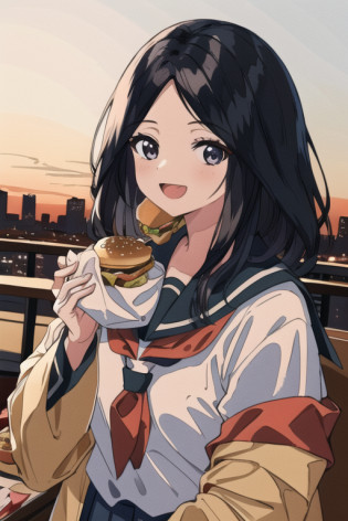 masterpiece, best quality, ricechan,1girl,  black hair, solo, eating a hamburger, nom burger, two hands, cityscape background, food, upper body, holding (BURGER), bowl hamburger,  jacket, school uniform, looking at viewer, open mouth, bangs, smile, wide sleeves
    <lora:divineChildOfRejuvenationSekiro_v10:1>  <lora:eatingAHamburger_animeEatingBurger:0.35> <lora:ligneClaireStyleCogecha_v40:0.65>