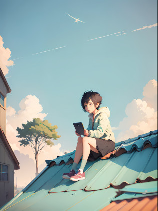 Anime girl sitting on roof looking at phone in city, Makoto Shinkai Cyril Rolando, shinkai!, shinkai!!, Makoto Shinkai style, in style of makoto shinkai, ( ( shinkai ) ), makoto shinkai art style, guweiz and makoto shinkai, Illustration style