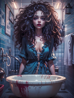 DSLR, F/2.8, Lens Flare, 5D, 16k, Super-Resolution . realistic style, key visual, vibrant, studio realistic, highly detailed A different mood whimsical full body view best quality, eerie masterpiece, monochromatic palette dominated by eerie shades of deep blue horror themed bathroom  curly hair, nightgown, girl sharp look, wide eyes, very dark lips, flora, horror style blood core, ,stylish bikini to e bathroom  in a vintage bathroom, perfect anatomy, highly detailed, graphic 3d model, render, comic art, graphic novel art, vibrant, detailed character