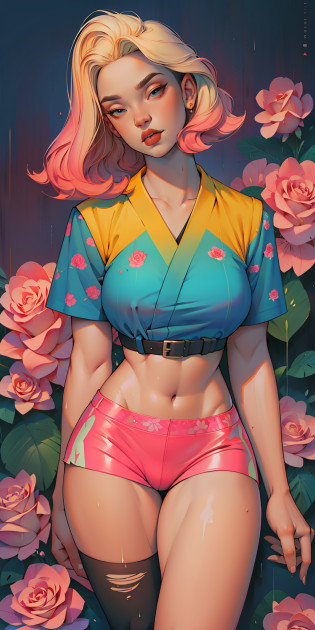 Background, In chic boho style, in a caf�, Ice cream print, multi-colored neon lights, neon garlands, rose hair, mixed-language_SMS, Japanese graffiti, (beautiful and clear background:1.2),, fantastic paintings ,graffit style, olhos altamente detalhados , Underwear, lace, latex, blonde girl, cannabis print, tattoo, Loving, Love, ultra detail hair, Masterpiece, Best Quality, high qulity, high resolucion, detail enhancement, ((most beautiful image in the world)), Masterpiece, Best Quality, high qulity, high resolucion, detail enhancement, ((most beautiful image ), Shiny pink degrade hair, ultra short fitted Stampa Flores, Rollers,  tights in a mesh,ripped short shorts,  art by stjepan sejic, art by j scott campbell, art by guillem march, art by citemer liu, 4k, high resolucion, comic book character, comic, high quality detailed,   style of ::2.0 comix illustration style,tatoon style, high qulity, high resolucion, detail enhancement, 8K, HD, Best Quality, high qulity, high resolucion, detail enhancement, 8K, HDR, sharp-focus, Ultra Detailed, perfect  lighting, Curvy Body, Lush breasts, Curvy hips