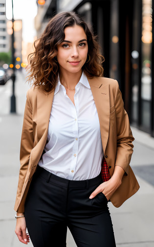 beautiful brunette, a woman in a white shirt and black pants is standing on the sidewalk, business clothes, casual business clothes, wearing a stylish outfit, girl in a suit, wearing stylish casual clothes, office clothes, business clothes, modern fashion clothes, cropped shirt with jacket, girl in suit, wearing a business suit,  wearing business suit, wearing casual business dress,, very detailed, 21 years, innocent face, natural wavy hair, blue eyes, high resolution, masterpiece, best quality, intricate details, highly detailed, sharp focus, detailed skin, realistic skin texture, texture, detailed eyes, professional, 4k, charming smile, shot on Canon, 85mm, shallow depth of field, kodak vision color,  perfect fit body, extremely detailed, foto_\(ultra\), photorealistic, realistic, post-processing, maximum detail, roughness, real life, ultra realistic, photorealism, photography, 8k uhd, photography