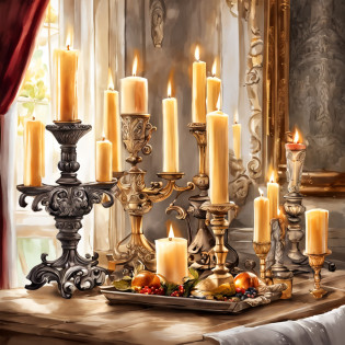 candles are lit in front of a fireplace with a mantle, candles. baroque elements, room full of candles, cozy candlelight, in a room full of candles, baroque style, candles, candlelit, lit with candles, elegant baroque, fireplace lighting, candlelight, baroque detailed, lots of candles, fireplace, candle lights, candles!, cosy fireplace, dramatic candlelight, candle light