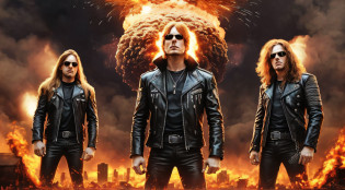 3 boys in leather clothes standing in front of a big explosion, close up, portrait style, hellish, LIGHTNING, Heavy metal promo band, Thrash metal, Heavy Rock promo band photo, Arch Enemy, Burning in Hell, New Wave of British Heavy Metal, Long Blonde Flaming Hair, Heavy Metal The Movie, Destruction, Slayer, 2 0 0 6 Advertising Promo Shot,  Proto - Metal Band Promo, Megadeth, death metal, Nuclear explosion over a city with a big mushroom cloud, nuclear bomb explosion, nuclear bomb explosion, nuclear explosion, nuclear mushroom cloud, nuclear attack, nuclear apocalypse, mushroom cloud on the horizon, huge nuclear mushroom cloud, nuclear explosion background, nuclear cloud, nuclear bomb, nuclear explosion on the horizon,  Nuclear explosions paint the sky, nuclear war, mushroom cloud in the background