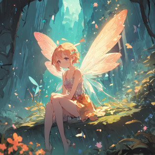 Cute fairy, Small stature, in full height, Flowers, sitted, smallunderboob, Fairy wings, fairytale-like, fantasy