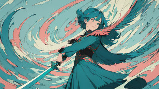 (flat color :1.4),(colorful:1.2),(((masterpiece))),(((bestquality))),((ultra-detailed)),(illustration),((anextremelydelicateandbeautiful)), 1 woman,(teal color theme:1.5), rainbow colored hair, teal short dress, light leaks,strong wind,teal background,holding a large sword,detail face,standing,beautiful face,feathers floating in the air,light bloom,surreal