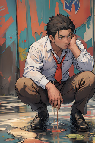 A3R1, Hector Fey ?Multi-view upper body? Suit pants view?legs separated?A3R1,pissing?Pee yourself?His own urine ran down his thighs?perfect male figure? Aerith Gainsborough ,The suit pants are wet?Urine runs down the leg of the trouser?Yellow eyes?Half squat?legs separated?Can't hold back urine?wants to pee?Wear a tie?wearing leather belt?Long Sleeve White Shirt??The shirt is soaked??Black hair short hair?perspire?Black suit trousers?dress shoes?Nervously bow your head?is shy?embarressed?exhilarated?is shocked?panicking?worry?exteriors?On dry ground? A small puddle of his own urine formed around his feet?half squatting?Very eager to pee?Unbearable?Can't help but pee?Urine flows from the crotch to the legs?Incontinence?It's uncomfortable?Very anxious?Sweat runs from the crotch?Wet yourself?urinating?high detal?hentail realism?ultra-realistic realism?three sided view? A masterpiece of careful planning?A high resolution? hyper HD ?anatomy correct?super detailing?best qualtiy?A high resolution?8K