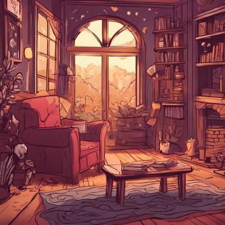arafed room with a couch, a fireplace, and a window, cozy room, cozy wallpaper, cosy enchanted scene, cozy place, cozy home background, cozy environment, cozy atmospheric, cozy atmosphere, warm interior, cosy atmoshpere, cozy and peaceful atmosphere, relaxing concept art, pleasant cozy atmosphere, cozy setting, cozy and calm, designed for cozy aesthetics!