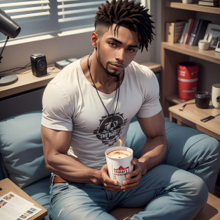 ((Artwork)), best quality, high detail, incredibly delicate and beautiful illustration, (1 young 26-year-old black man), brown eyes, serious expression, comfortable casual clothing, slightly blurry urban setting, softly blurred background, night lighting.this youtuber is sitting on his bed in the studio, ready to record another video for his channel. He's wearing an ordinary red T-shirt and jeans, which reflect his practical, funky style. Its leather strap adds a touch of style to its simple, relaxed look. His short black hair, short beard and light brown eyes catch the attention of his followers, while he holds a cup of hot coffee in one hand and a microphone in the other. He is focused and determined to create quality content for his audience while keeping his posture safe and relaxed, which contributes to creating a strong connection with his followers. In short, he's a successful YouTuber, known for his exciting and engaging urban legends, and his stripped-down style adds a personal touch to his content. High quality 4k image --auto --s2