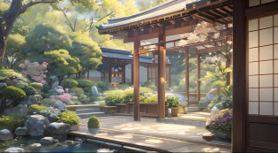 A veranda in a Japanese-style garden?Woody?Delicate and soft painting style?film level light effect?high-definition picture quality?the soft light?Tyndall effect?dream magical?rich details??Refer to Gu Kaizhi?32k?High Picture Quality?A high resolution??Very detailed CG unity 8k wallpaper?