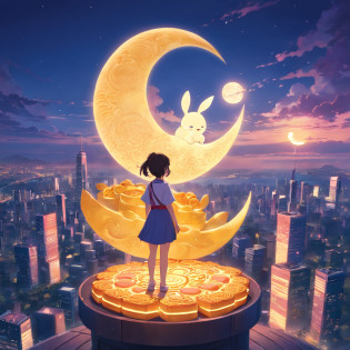edgBunny?full moon?Moon cake?Mid-Autumn Festival?Matte painting, Highly detailed, Dynamic lighting, Cinematic, Realism, Realistic, photoreali, Sunset, Detailed, High contrast, denoised, Centered, The little girl stood above the city tower