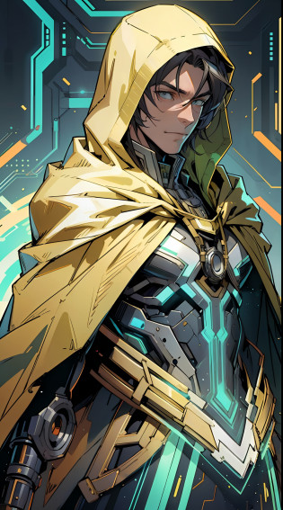 Draw a hero wearing a green and gold costume with futuristic details. The suit should look technological and advanced, with bright lines and cybernetic elements. The hero must wear a white hood that covers his head but leaves his face exposed, and a white cape that extends from his left shoulder to his left ankle, giving him an asymmetrical and dynamic look. The hood and cape should have an elegant and fluid appearance, suggesting movement even when the hero is stationary. Feel free to add any other details or accessories you see fit to enhance the futuristic aspect of the hero. Remember that the main emphasis is on the design of the costume, hood and cape, and your creativity is welcome to make the hero unique and impressive
