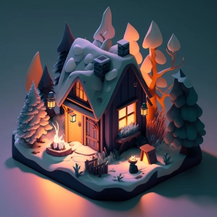 a small cabin in the middle of a snowy forest, low poly render, isometric, inspired by Andreas Rocha, styleized character design, soft image shading, nice deep colors, high res beautiful lighting, rounded cabin and cute character, cozy candlelight, extremely detailed frontal angle