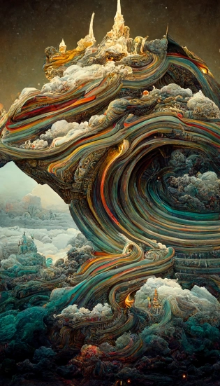 photoscanned material of slate layers arranged in concentric formation, build the platform for abstract colourful ice sculptures, forming a surreal landscape that is the fulcrum of a looming temple that penetrates the clouds, peter mohrbacher, fred tomaselli, victo ngai, roger dean --w 1152 --h 2048