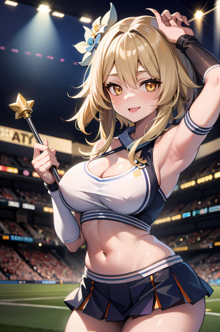 1girl, luminernd, large breasts, cheerleading uniform, belly, night, stadium background, smiling