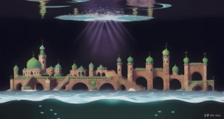 gateway, portal, fish kissing in portal, <lora:style-monument_valley:0. 4>, (by Phil Noto, by Pixar, by Cory Loftis, by Ed Mell, by Drew Struzan), illustration, paradoxical geometry, tile, brown tile, building, dome, onion dome, water, stairs, buttress, arch bridge, background, door, wall sharp focus, (HDR), (8k), (gigapixel), (masterpiece), school of fish, M. C. Escher design, symmetrical repeating swarm of fish, dueling fish, Genndy Tartakovsky, green metallic purple fish, purple matte green fish, scroll-work, symmetrical, <lora:fx-fire:0. 6> tiling, pattern, repeating, bubbles, water, waves, fish swimming, Cthulhu, M. C. Escher