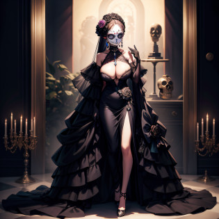 sugar skull makeup,1girl crow on shoulder, luxury dresses, big boobs, full body, luxury furniture, luxury jewelry, shadow, light,
