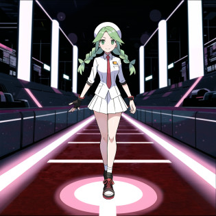 sugimori ken \(style\), 1girl, breasts, green eyes, mint green hair, twin_braids, white shirt, flower necktie, white beret, skirt, creatures \(company\), dynamax band, game freak, gloria (pokemon), glove, highres, legs, looking at viewer, nintendo, official art, pokemon, pokemon \(game\), pokemon swsh, light smile, sugimori ken, take \(illustrator\), thighs