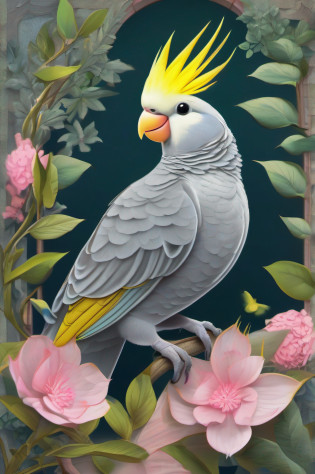 Create a super-detailed HD image of a grey cockatiel with a yellow face and pink cheeks, with a raised and slightly curved crest, open beak, and raised wings, perched on a branch with fabric pattern leaves in the background with shades of green and blue.