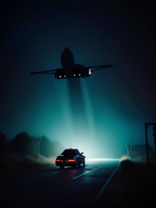 An alien ship flying over an empty and dark road, the dark side of the road, strange ship silhouette, sinister suspense aesthetic!!!!, dark strange photograph, dark strange photo