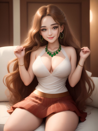 (only 1girl, no more than 1girl), no more than 1 body, no more than 1head, no more than 1face, ,lnly 2legs, only 2arms, no more than 2hands, never overlap parts of the body, hands under the chest, Best ratio between upper arm and forearm, Best ratio between body and legs 1 photo, mature woman, 26 years old, short skirt,  Sexy pose, partial exposure, 8K, RAW photos, top quality, high quality, extreme detail photos, extreme detail eyes, detail nose, extreme detail face, extreme detail hair, extreme detail body, (photo shoot lighting: 1.3), perfect anatomy, fluffy eyes, big eyes, good-looking eyes. brown eyes, gorgeous hair, caramel-colored hair, wavy hair, detailed eyebrows, smiling face, very deep wrinkles at the corners of the mouth,  neat teeth, left cheek, (normal breasts: 1.2), natural makeup, scarlet lips, detailed jewelry necklace, detailed earrings, rain, wetness, green mini skirt, white blouse, woman sitting alone in the living room, 2legs per a body, no extra hands, perfectly proportioned one thumb and 4 fingers, no extra legs, no extra girls, no extra bodies,