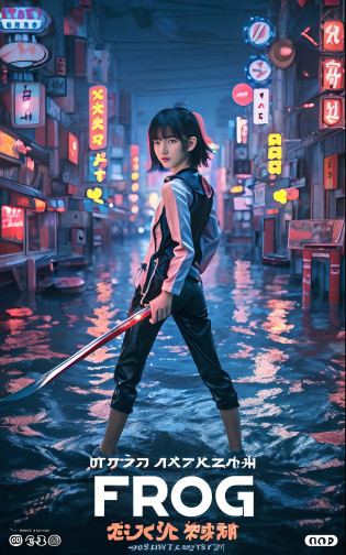 movie?froggy?a poster for a, inspired by Kan? Naizen, ilya kuvshinov landscape, makoto shinkai cyril rolando, modern cyberpunk anime, stylized urban fantasy artwork, digital cyberpunk - anime art, anime cyberpunk art, cyberpunk anime art, digital art ilya kuvshinov, in the style of ross tran, Movie poster with realistic photos inspired by Liam Wong?Boyish teenage Japan girl standing in flooded Tokyo city?Turning around?With a very slender body?Wearing black slim denim?Wearing monotone long-sleeved lace?Wearing a black vest?Natural hairstyles with cool shortcuts?She looks at you sharply with determination?Holding a long Japan sword in his hand?photos realistic, Cinematic poster, The title of the film says: