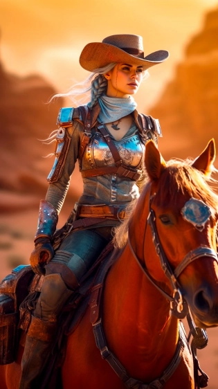 A very pretty space cowgirl riding a horse in a wild west sci-fi style, space age era, ultra-detailed, photography, realistic, 8k --ar 9:16 --s 750