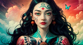 (Masterpiece: 1.2, high quality), (pixels: 1.4), (Song dynasty strokes: 1.4) (wide-angle lens, panorama: 1.2), (panoramic lens: 0.95), (panoramic lens, macro lens: 1.25), dynamic angle, perspective, high point, masterpiece, best quality, 8k, crazy detail, intricate details, super detail, super high quality, early spring willow leaves, often with rain and hatred clouds, extremely beautiful vampire, sideways, face like peach blossom March, implied amorous moon.  The slender waist is curled, the restrained swallow lazy warbler is lazy, the sandalwood mouth is light, and the butterfly chaos that tempts the bees crazy.  Enchanting jade words, beautiful jade fragrance, tense shots (the sky glows red, visual impact, giving the poster a dynamic and visually striking appearance: 1.2), close-up, (analog lens, macro lens: 1.25), colorful colored transparent smooth stones: 1.5, ultra-realistic and complex, body makeover, glowing tattoos, surreal tattoos, highly realistic and complex, tattoo art, detailed neon tattoos