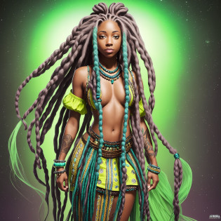 arafed woman with dreadlocks and a green dress posing for a picture, with aqua rapunzel dreadlocks, dreadlocks, with aqua neon dreadlocks, long dreadlocks, dreadlock hair, dreads, lots of dreadlocks on the head, dreadlock breed hair, cybernetic dreadlocks, short dreadlocks with beads, ashteroth --auto --s2