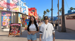 there are two people walking down the street together, official music video, music video, still from a music video, youtube video screenshot, performing a music video, video still, low quality video, ariana grande in gta v, profile pic, new song, celebrity, long beach background, smooth in _ the background, alex yanes and lisa frank